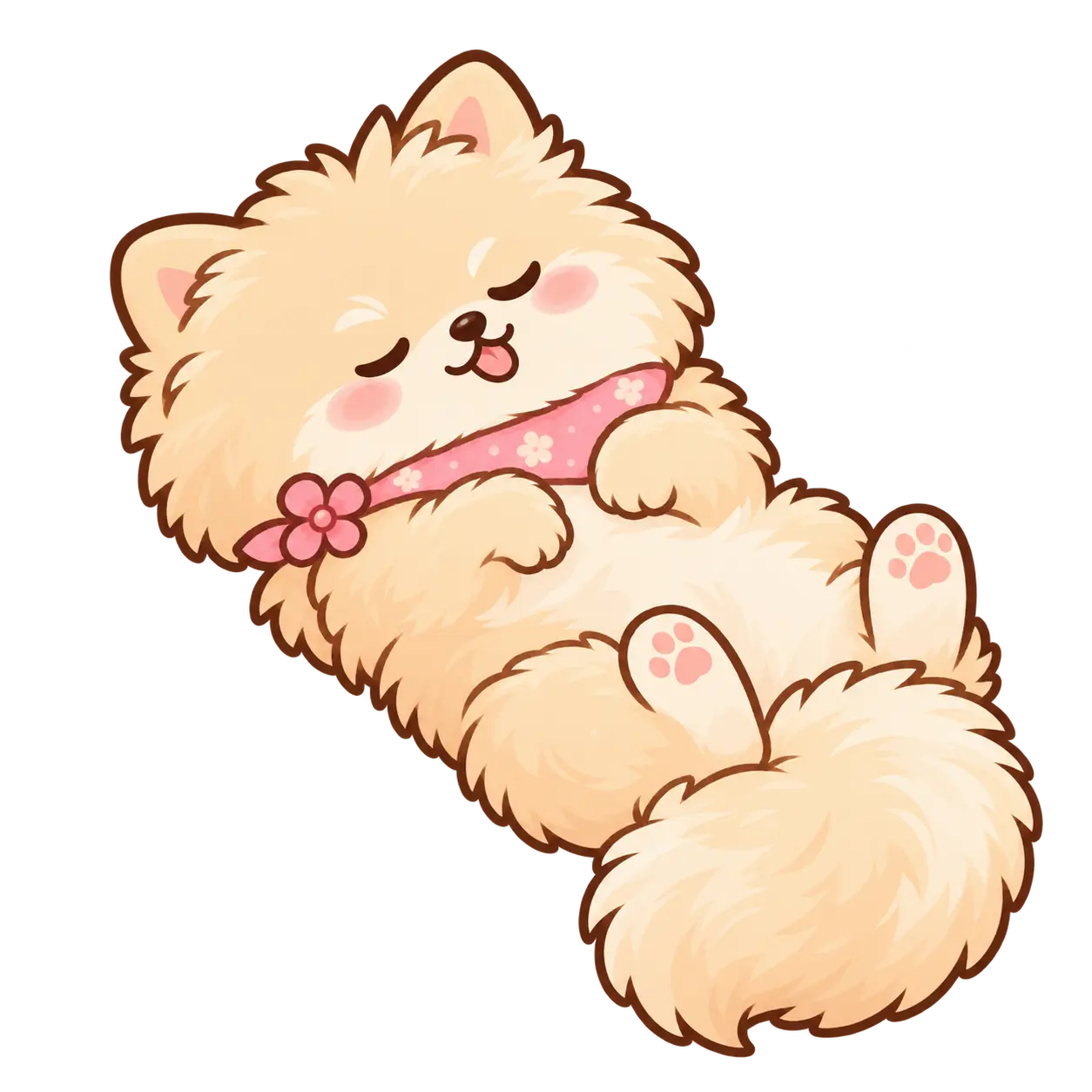 Ilustração kawaii da Lolla dormindo com um lenço rosa floral.